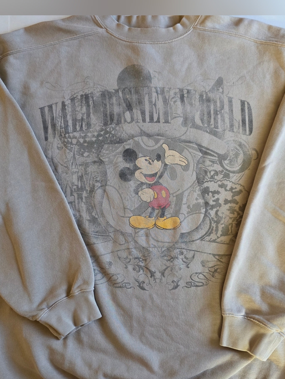 Vtg Disney World Crewneck Sweatshirt Mickey Mouse Graphic Beige S/M Unisex 90s